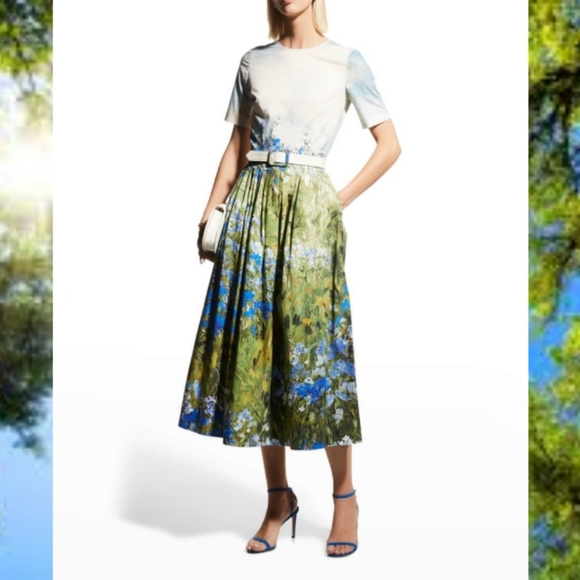 *$1690 NEW 2022 OSCAR DE LA RENTA PAINTING FLOWER FIELD MIDI DRESS US 6 10 L